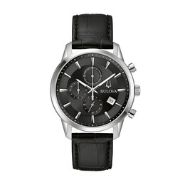 Men's Bulova Classic Sutton Black Strap Chronograph Watch with Black Dial (Model: 96B403)