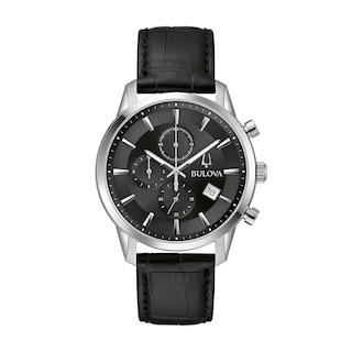 Men's Bulova Classic Sutton Black Strap Chronograph Watch with Black Dial (Model: 96B403)