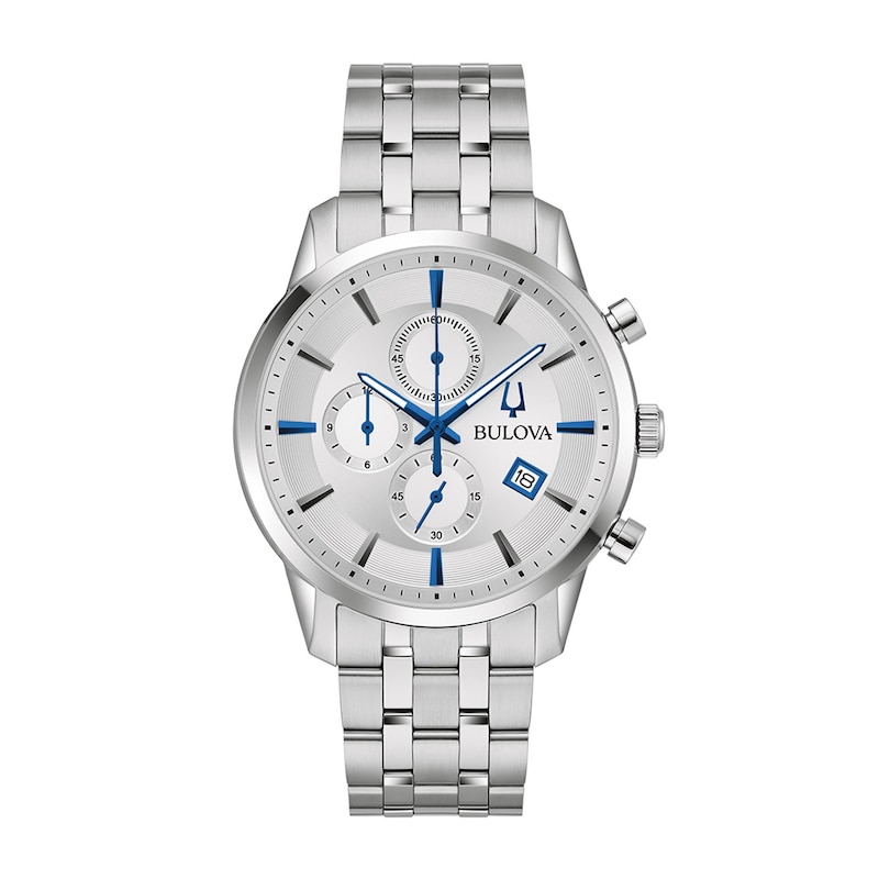 Men's Bulova Classic Sutton Silver-Tone Blue Accent Chronograph Watch (Model: 96B404)|Peoples Jewellers
