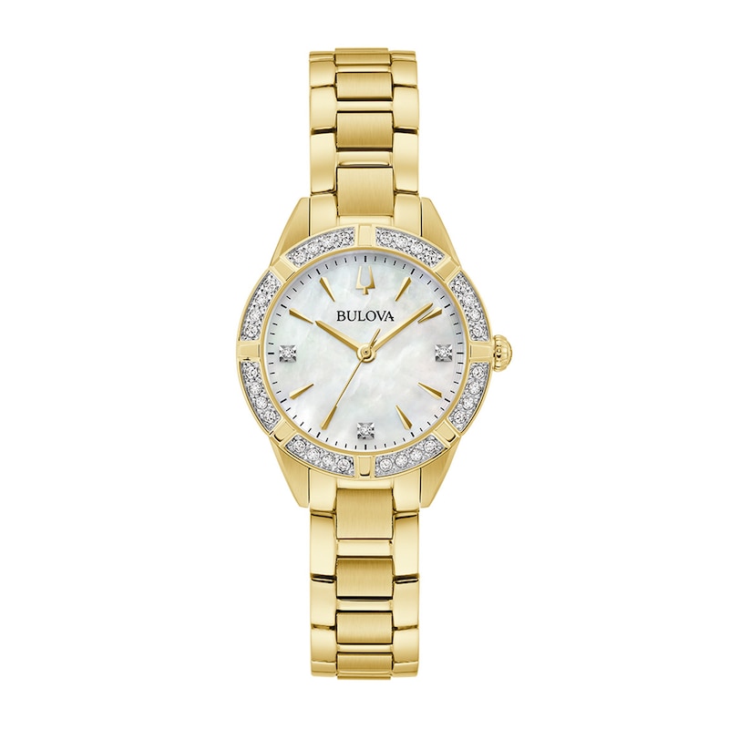Main Image 1 of Ladies' Bulova Sutton 0.05 CT. T.W. Diamond Gold-Tone Watch with Mother-of-Pearl Dial (Model: 98R297)