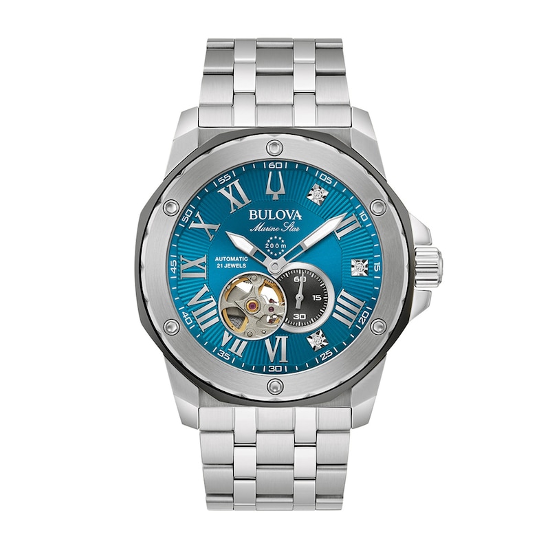 Men's Bulova Marc Anthony Series A Diamond Accent Watch with Blue Skeleton Dial (Model: 98D184)|Peoples Jewellers