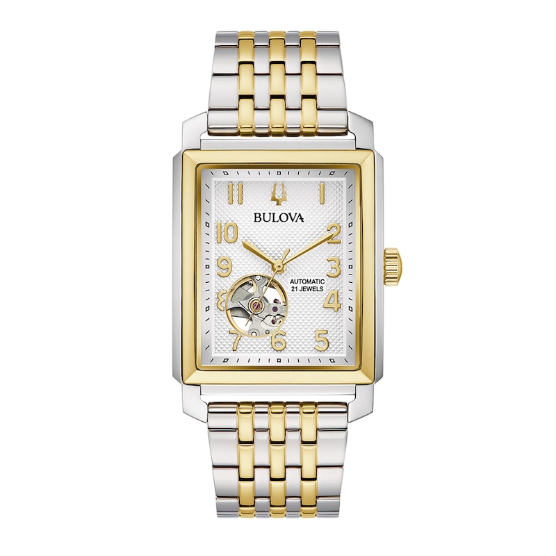 Men's Bulova Sutton Two-Tone Watch with Rectangular White Dial and Skeleton Heart (Model: 98A308)|Peoples Jewellers
