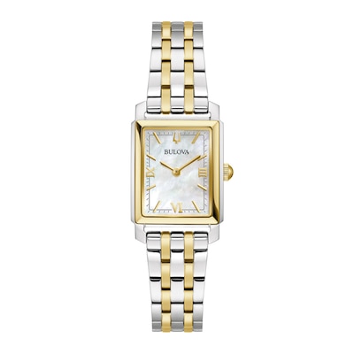 Ladies' Bulova Sutton Two-Tone Watch with Rectangular Mother-of-Pearl Dial (Model: 98L308)