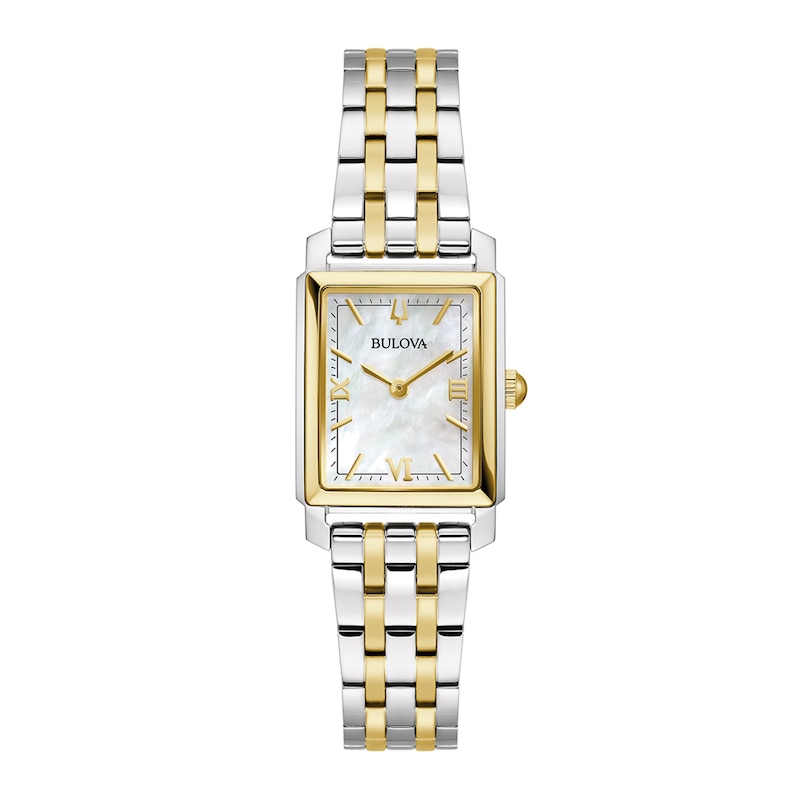 Ladies' Bulova Sutton Two-Tone Watch with Rectangular Mother-of-Pearl Dial (Model: 98L308)