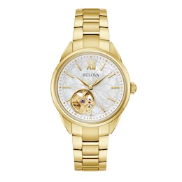 Ladies' Bulova Sutton Gold-Tone Watch with Mother-of-Pearl Dial and Skeleton Heart (Model: 97L172)