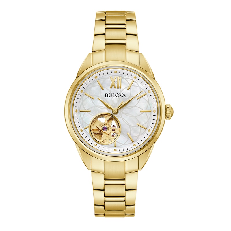 Main Image 1 of Ladies' Bulova Sutton Gold-Tone Watch with Mother-of-Pearl Dial and Skeleton Heart (Model: 97L172)