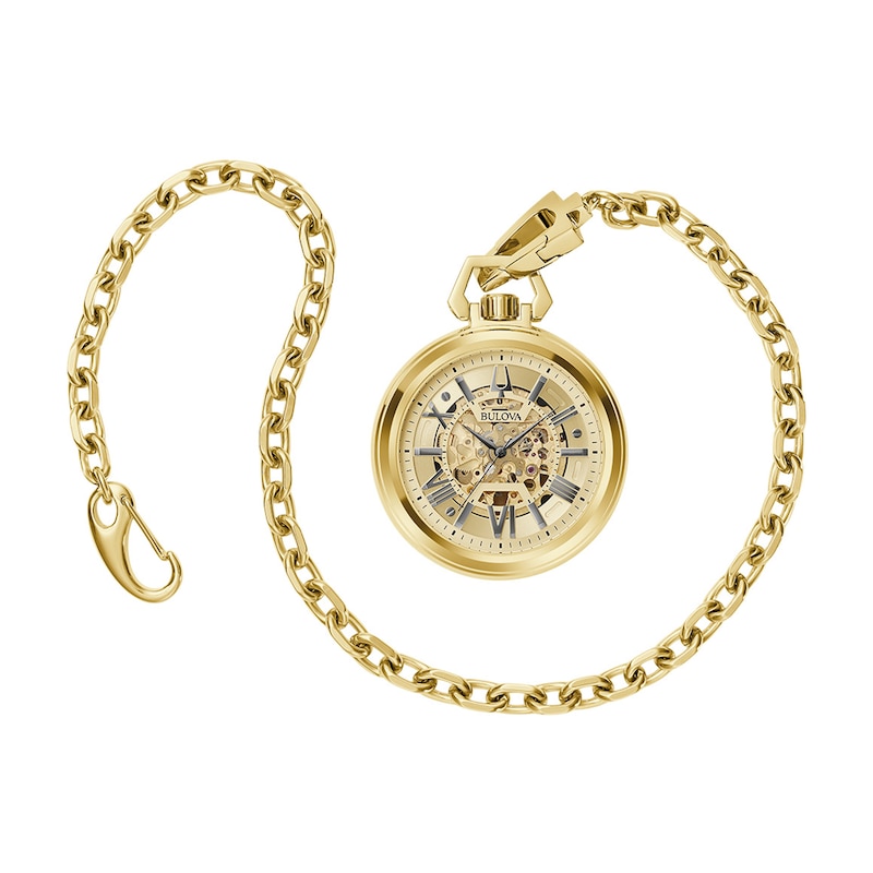 Men's Bulova Sutton Gold-Tone Pocket Watch with Skeleton Dial (Model: 97A178)|Peoples Jewellers