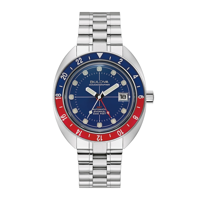 Men's Bulova Oceanographer Red Accent Automatic Watch with Blue Dial (Model: 96B405)|Peoples Jewellers