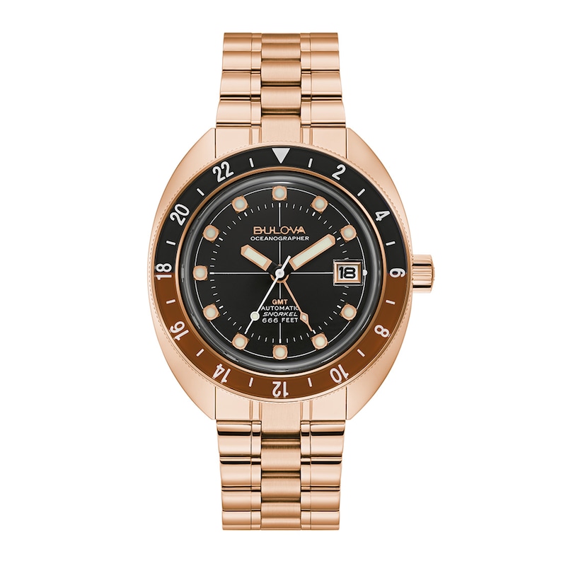 Men's Bulova Oceanographer Rose-Tone Brown Accent Automatic Watch with Black Dial (Model: 97B215)