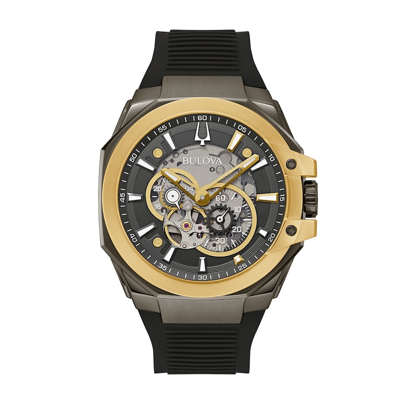 Main Image 1 of Men's Bulova Maquina Marc Anthony Gold-Tone IP Chronograph Silicone Strap Watch with Grey Skeleton Dial (Model: 98A310)