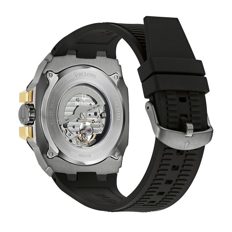 Main Image 3 of Men's Bulova Maquina Marc Anthony Gold-Tone IP Chronograph Silicone Strap Watch with Grey Skeleton Dial (Model: 98A310)