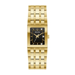 Ladies' Bulova Quadra Marc Anthony Diamond Accent Gold-Tone Watch with Black Square Dial (Model: 97P167)