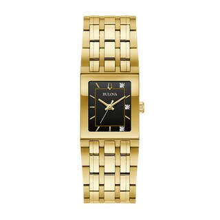 Ladies' Bulova Quadra Marc Anthony Diamond Accent Gold-Tone Watch with Black Square Dial (Model: 97P167)