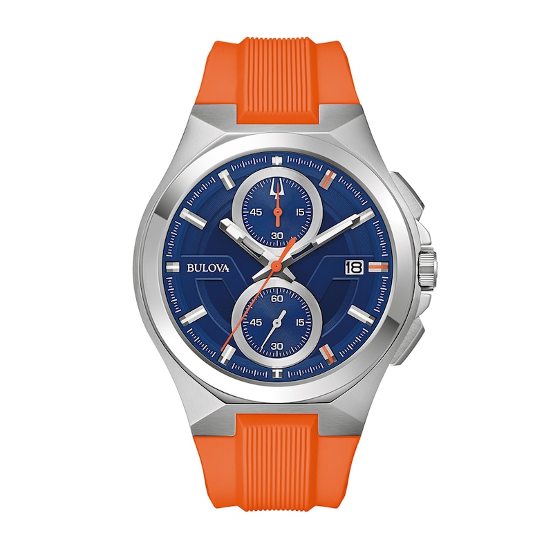 Main Image 1 of Men's Bulova Maquina Silver-Tone Chronograph Orange Strap Watch with Blue Dial (Model: 96B407)