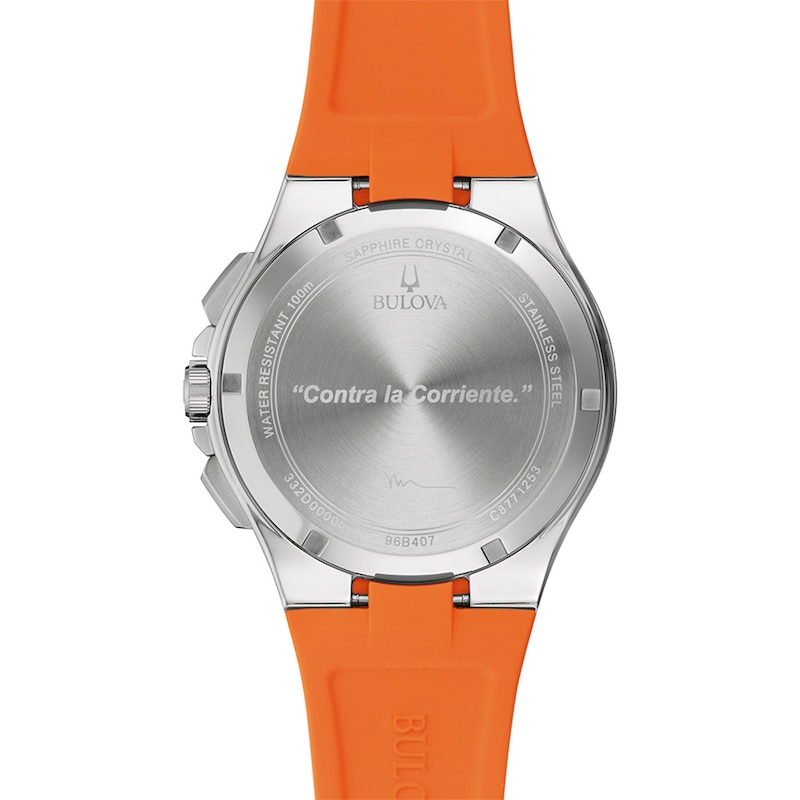 Main Image 3 of Men's Bulova Maquina Silver-Tone Chronograph Orange Strap Watch with Blue Dial (Model: 96B407)