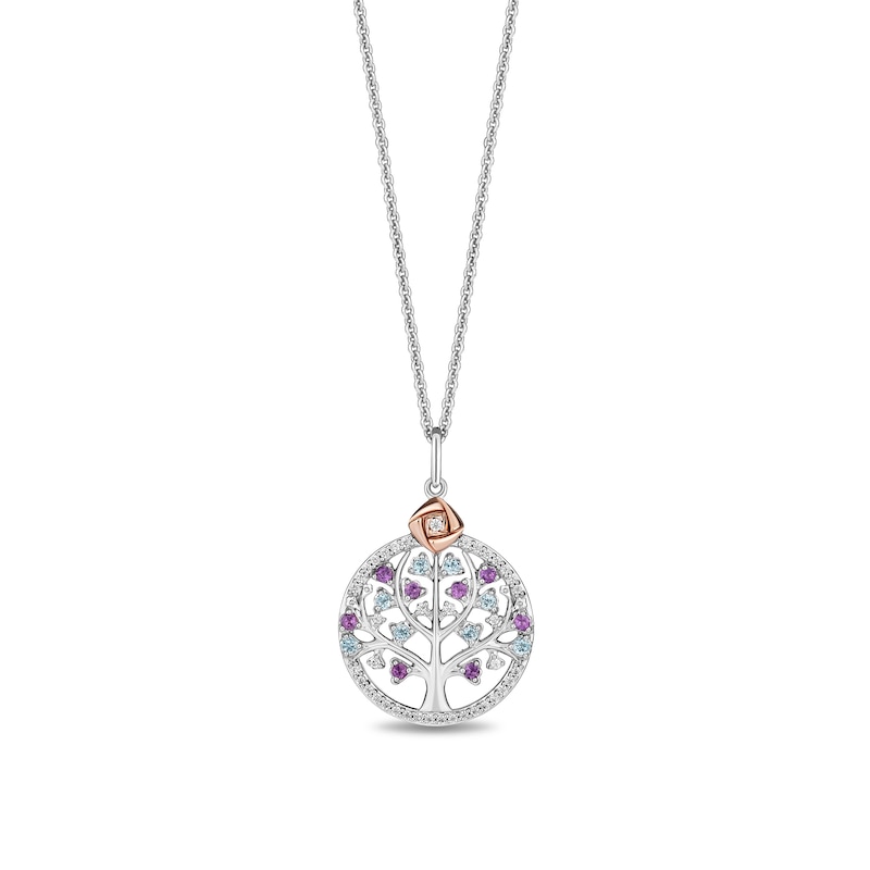 Main Image 1 of Enchanted Disney Wish Amethyst, Blue Topaz and 0.115 CT. T.W. Diamond Tree Pendant in Sterling Silver and 10K Rose Gold