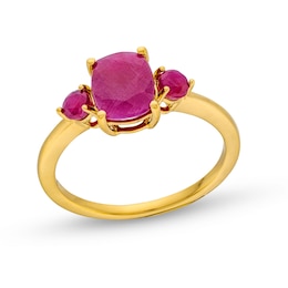 Elongated Cushion-Cut Certified Ruby Three Stone Ring in 10K Gold
