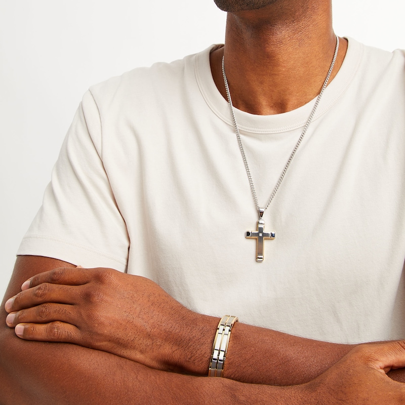 Main Image 5 of Men's Diamond Accent Dog Tag Pendant, Cross Pendant and Link Bracelet Set in Two-Tone Stainless Steel