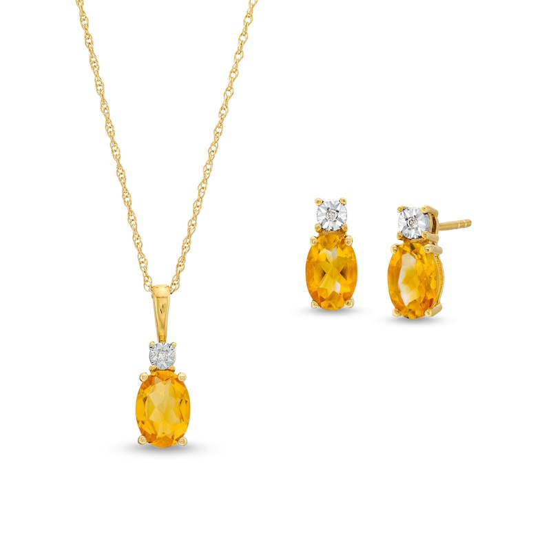 Oval Citrine and Diamond Accent Pendant and Stud Earrings Set in 10K Gold