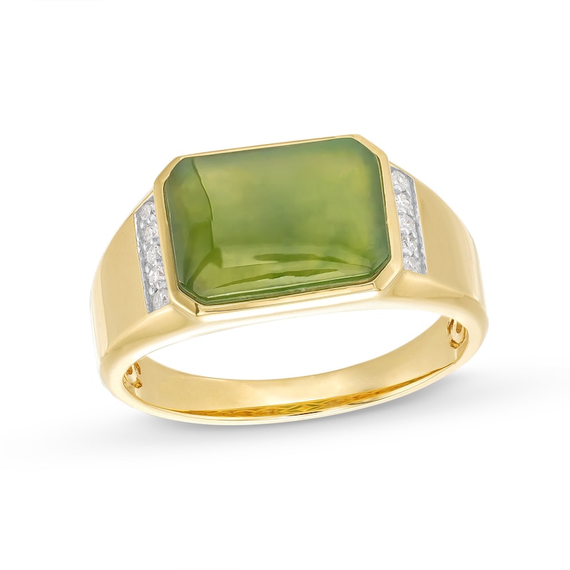 Main Image 1 of Men's Sideways Emerald-Cut Jade and 0.085 CT. T.W. Diamond Collar Ring in 14K Gold