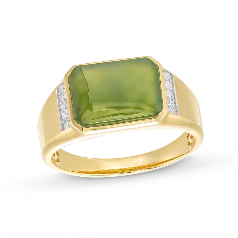 Men's Sideways Emerald-Cut Jade and 0.085 CT. T.W. Diamond Collar Ring in 14K Gold|Peoples Jewellers