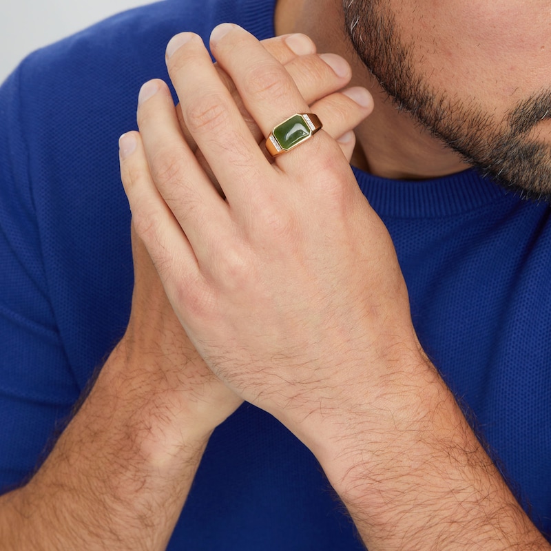 Main Image 2 of Men's Sideways Emerald-Cut Jade and 0.085 CT. T.W. Diamond Collar Ring in 14K Gold