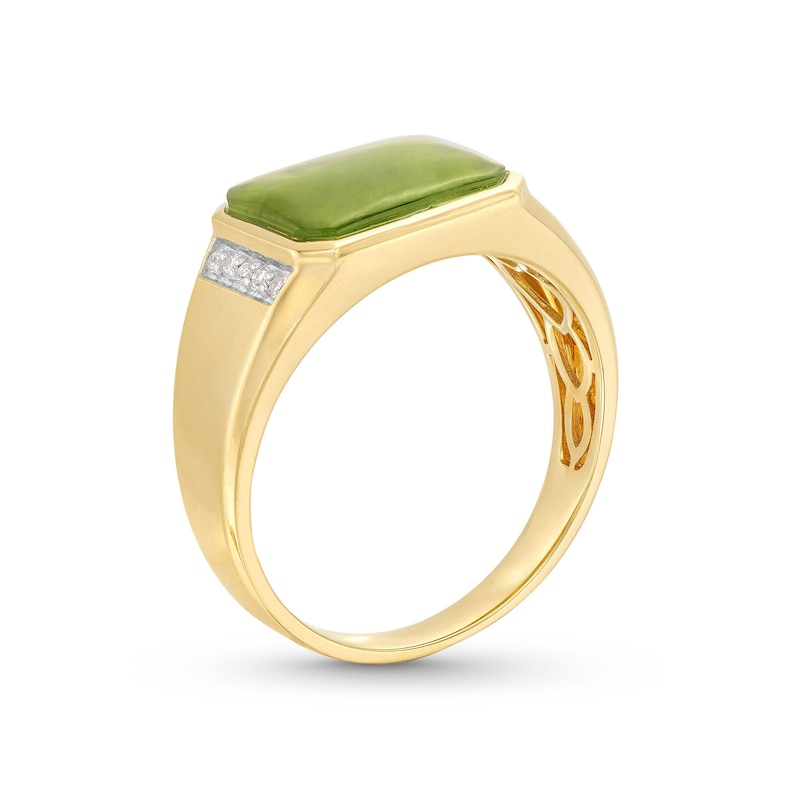Main Image 3 of Men's Sideways Emerald-Cut Jade and 0.085 CT. T.W. Diamond Collar Ring in 14K Gold
