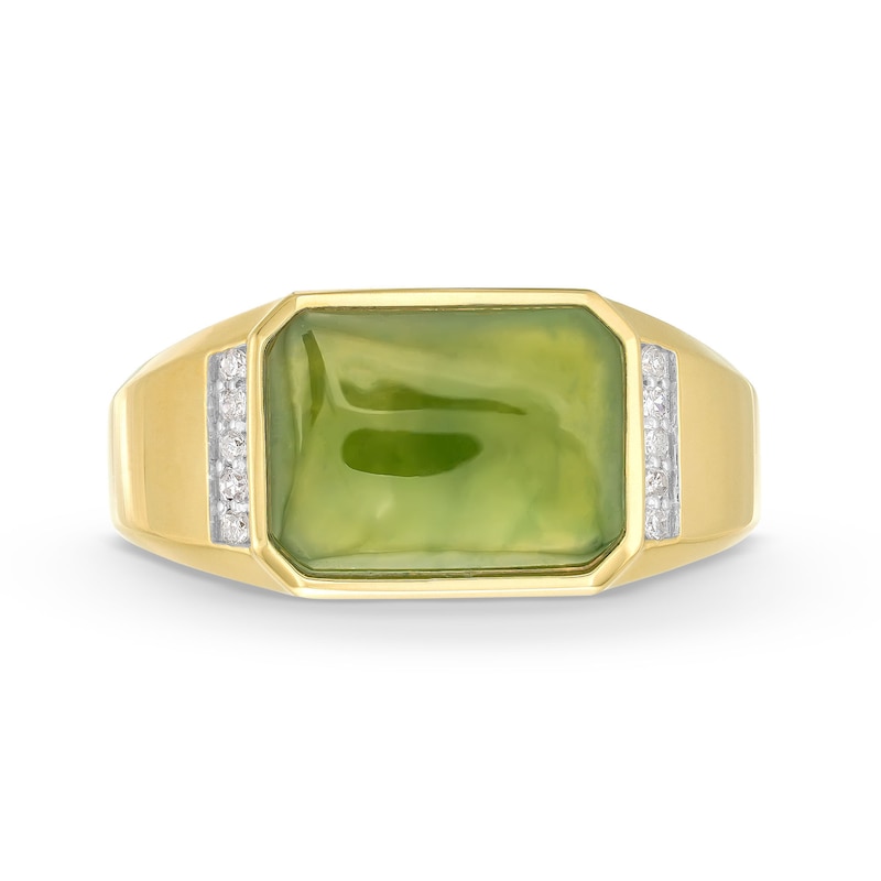Main Image 4 of Men's Sideways Emerald-Cut Jade and 0.085 CT. T.W. Diamond Collar Ring in 14K Gold