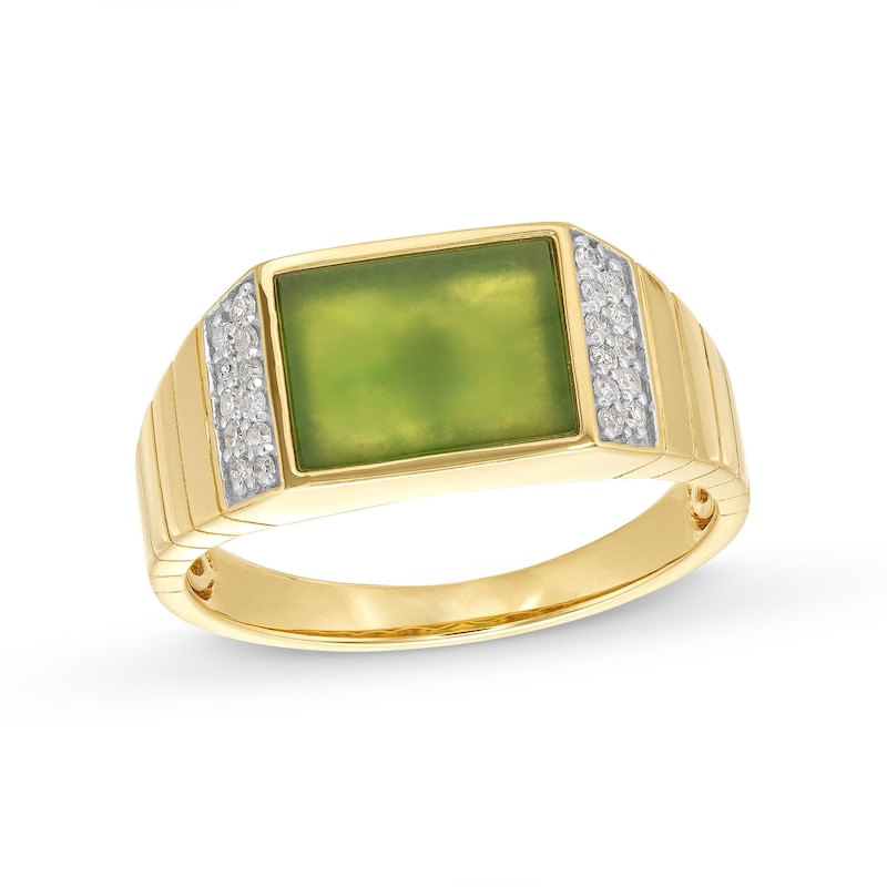 Men's Sideways Rectangular-Cut Jade and 0.145 CT. T.W. Diamond Collar Ring in 14K Gold|Peoples Jewellers