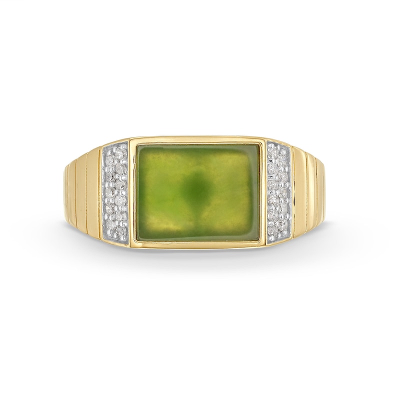 Men's Sideways Rectangular-Cut Jade and 0.145 CT. T.W. Diamond Collar Ring in 14K Gold|Peoples Jewellers