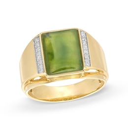 Men's Baguette-Cut Cabochon Jade and 0.115 CT. T.W. Diamond Collar Ring in 14K Gold