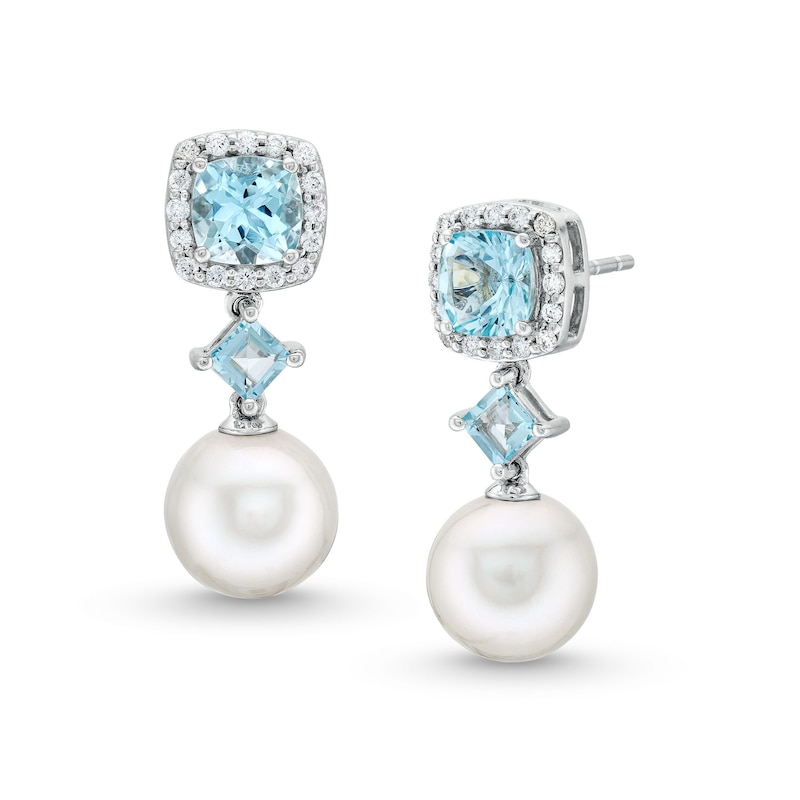 Cultured Freshwater Pearl, Aquamarine and 0.145 CT. T.W. Diamond Frame Dangle Drop Earrings in 10K White Gold|Peoples Jewellers
