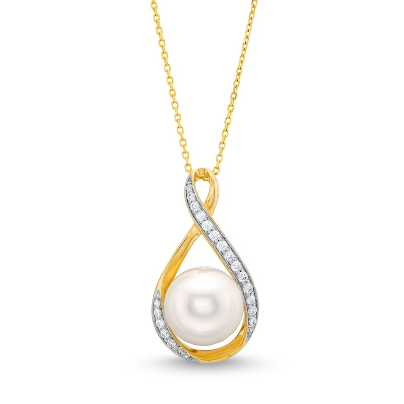 11.0mm Freshwater Cultured Pearl and 0.23 CT. T.W. Diamond Infinity Ribbon Pendant in 10K Gold