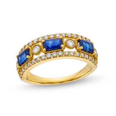 Sideways Emerald-Cut Blue Sapphire and 0.45 CT. T.W. Diamond Edge Art Deco Band in 10K Gold