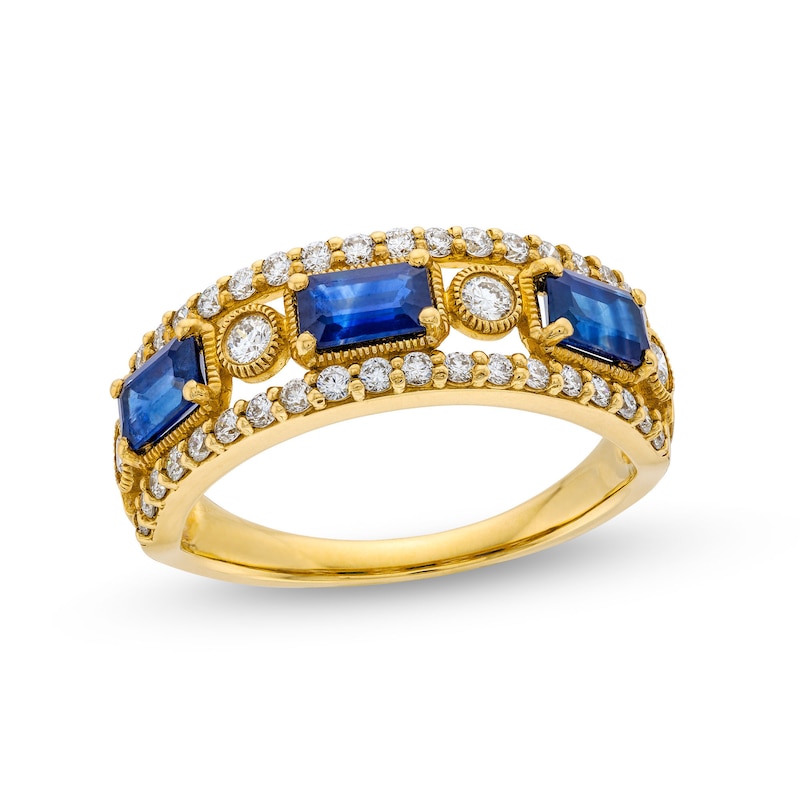 Sideways Emerald-Cut Blue Sapphire and 0.45 CT. T.W. Diamond Edge Art Deco Band in 10K Gold|Peoples Jewellers