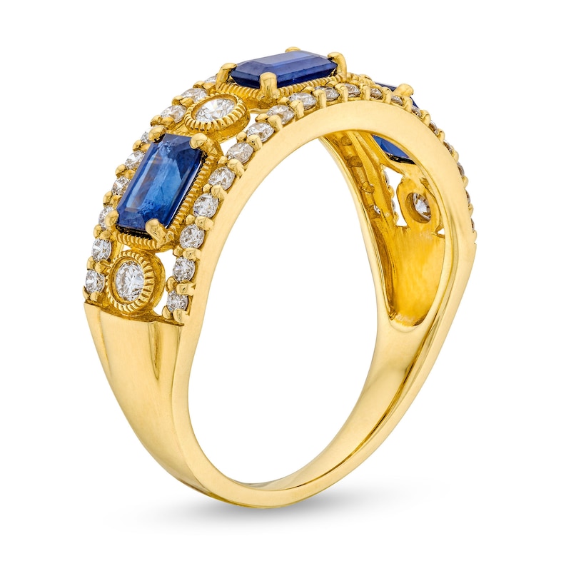 Main Image 3 of Sideways Emerald-Cut Blue Sapphire and 0.45 CT. T.W. Diamond Edge Art Deco Band in 10K Gold