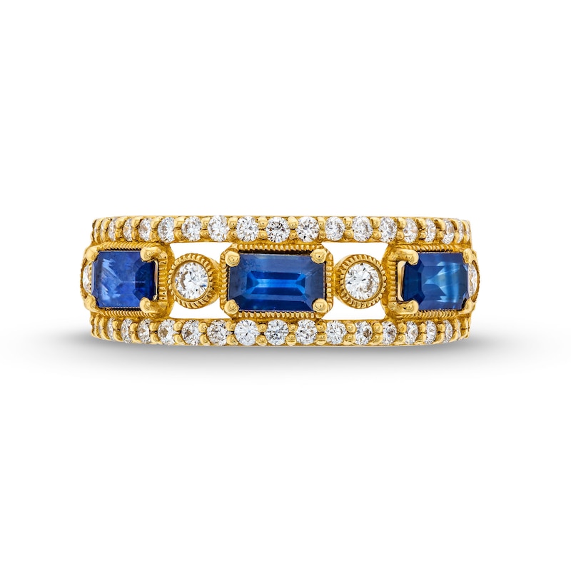 Main Image 4 of Sideways Emerald-Cut Blue Sapphire and 0.45 CT. T.W. Diamond Edge Art Deco Band in 10K Gold