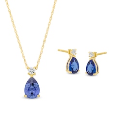 Pear-Shaped Blue and White Lab-Created Sapphire Pendant and Stud Earrings Set in 10K Gold