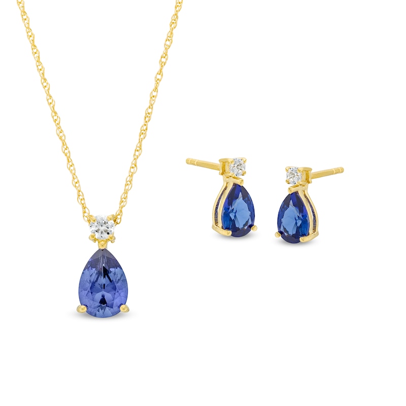 Pear-Shaped Blue and White Lab-Created Sapphire Pendant and Stud Earrings Set in 10K Gold|Peoples Jewellers