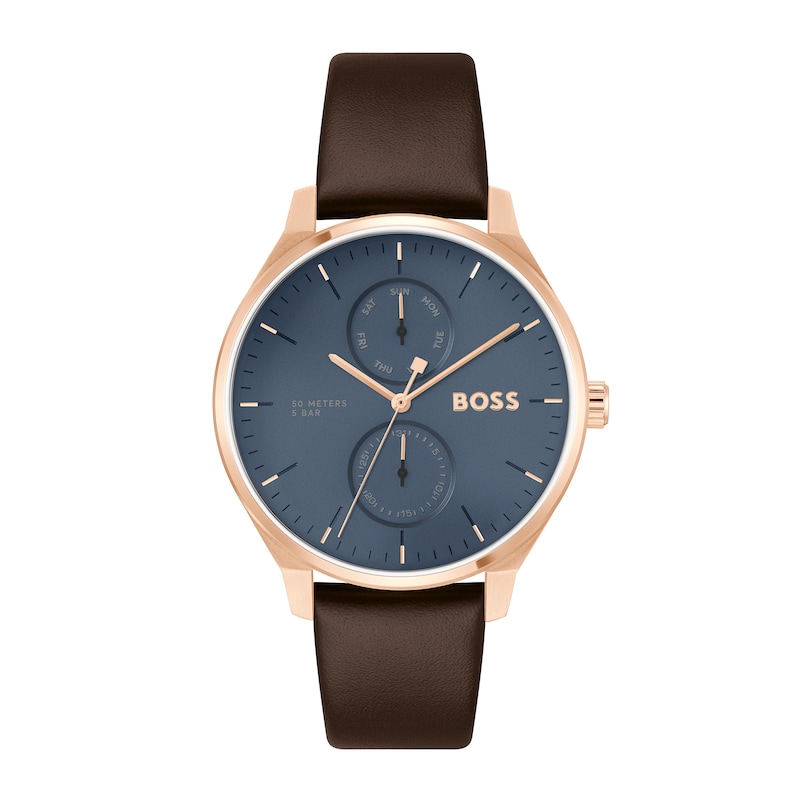 Men's Hugo Boss Tyler Rose IP Brown Leather Strap Watch with Dark Blue Dial (Model: 1514103)|Peoples Jewellers