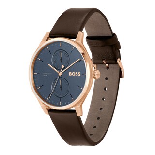 Men's Hugo Boss Tyler Rose IP Brown Leather Strap Watch with Dark Blue Dial (Model: 1514103)