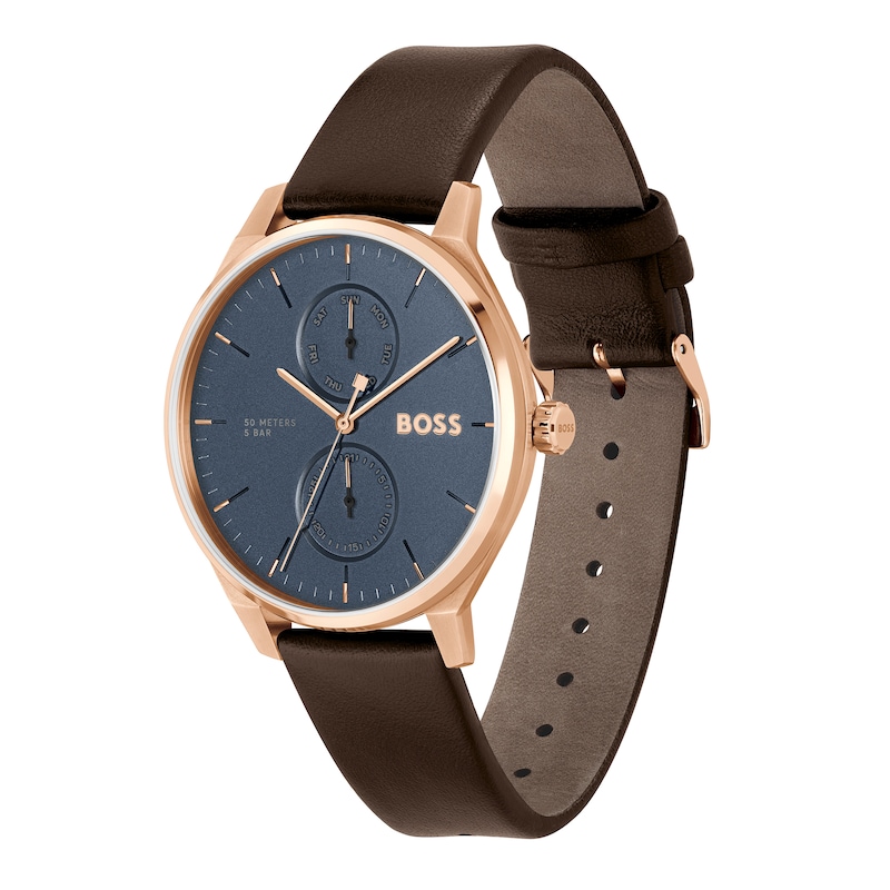 Men's Hugo Boss Tyler Rose IP Brown Leather Strap Watch with Dark Blue Dial (Model: 1514103)|Peoples Jewellers