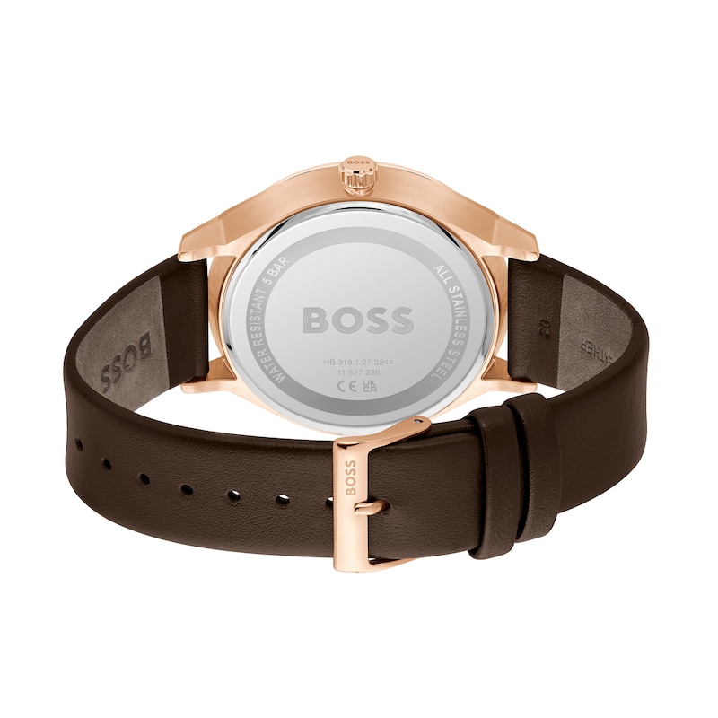 Men's Hugo Boss Tyler Rose IP Brown Leather Strap Watch with Dark Blue Dial (Model: 1514103)|Peoples Jewellers