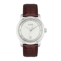 Men's Hugo Boss Principle Brown Leather Strap Watch with Textured Silver-Tone Dial (Model: 1514114)