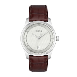 Men's Hugo Boss Principle Brown Leather Strap Watch with Textured Silver-Tone Dial (Model: 1514114)