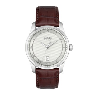 Men's Hugo Boss Principle Brown Leather Strap Watch with Textured Silver-Tone Dial (Model: 1514114)