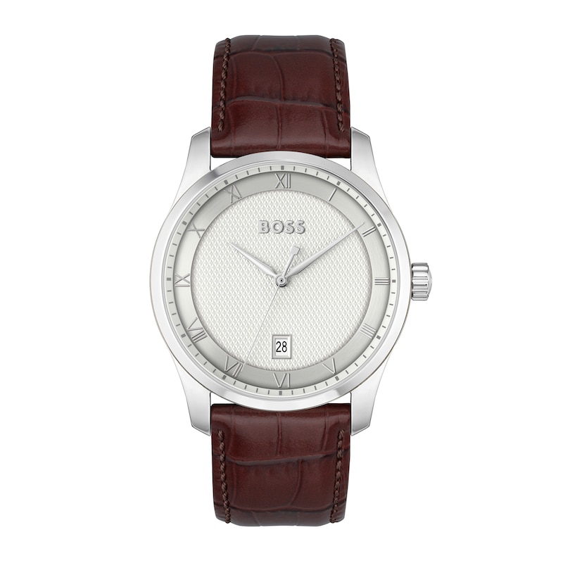 Men's Hugo Boss Principle Brown Leather Strap Watch with Textured Silver-Tone Dial (Model: 1514114)|Peoples Jewellers