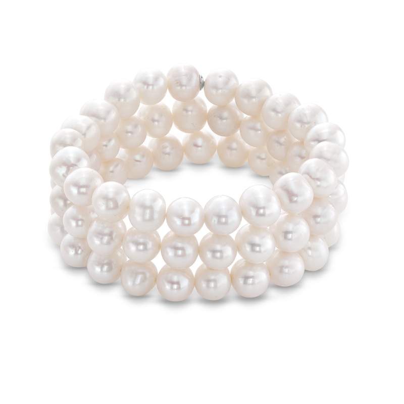 Main Image 1 of 8.3-9.3mm Oval Freshwater Cultured Pearl Triple Row Stretch Bracelet