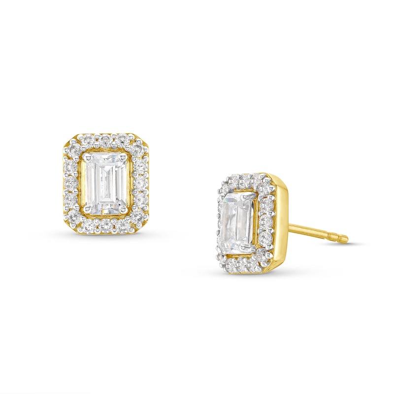 Main Image 1 of 3.50 CT. T.W. Emerald-Cut Certified Lab-Grown Diamond Frame Stud Earrings in 10K Gold (F/VS2)
