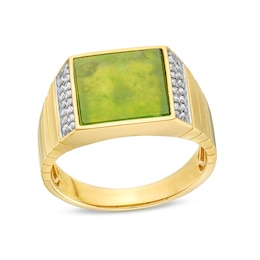 Men's 11.0mm Square-Cut Jade and 0.20 CT. T.W. Diamond Ring in 14K Gold